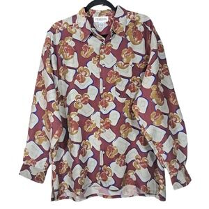 VTG Mens Silk Button Up Shirt Large Long Sleeve Lightweight Retro Disco Party